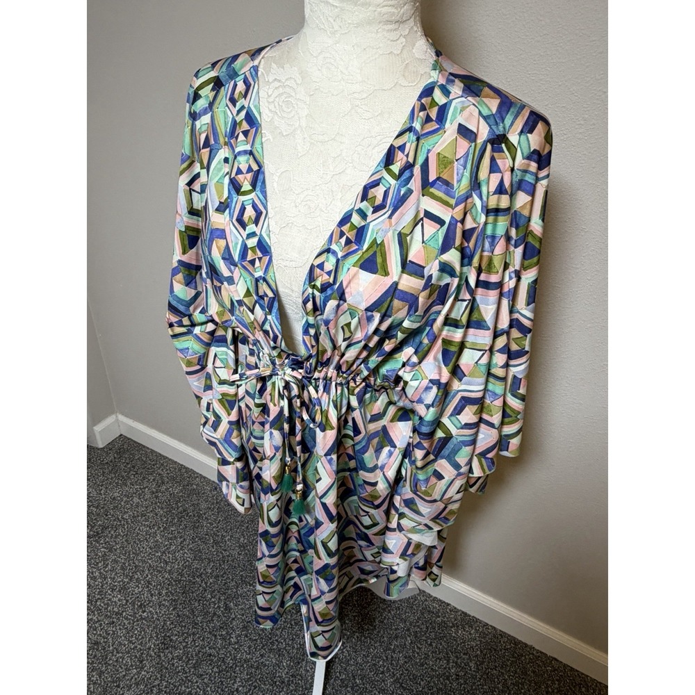 La Blanca Kimono Short Swim Cover Up~OS~Blue Geometric Drawstring Waist Tassels - Picture 4 of 10